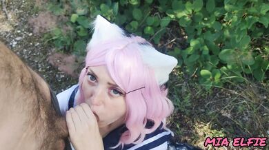 beautiful cute schoolgirl in a skirt and glasses walks and gives a passionate beautiful blowjob