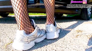 Kati shoeplay lick her shoes me sweaty fishnet tights, dipping sweaty insoles and stinky feet lick