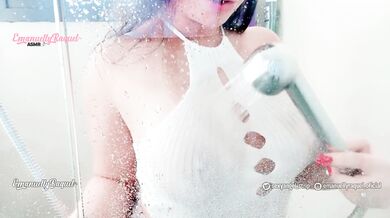 Sexy latina teasing in the shower big ass and big boobs against the glass wet t-shirt