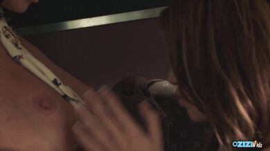 Big tits milf lesbian flight attendants playing with their sex toys after work