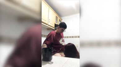 stepsister lets herself be caught in the kitchen of my house.