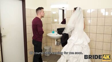 BRIDE4K. Brunette wife gets her hairy vagina licked and penetrates in the WC