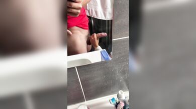 My French beurette pees and ends up jerking off my big cock to squirt on her tits