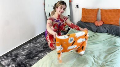 Housewife tidying the room Body art