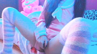 Kawaii Asian girl touching her pussy and humping pillow when parents are home loud moaning